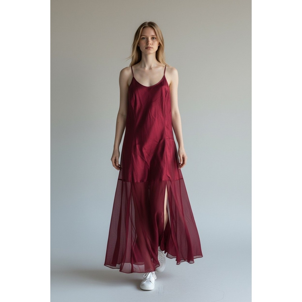 Vintage Victorias Secret Gold Label 100% Silk Slip Maxi Dress Red Sheer Hem Slit